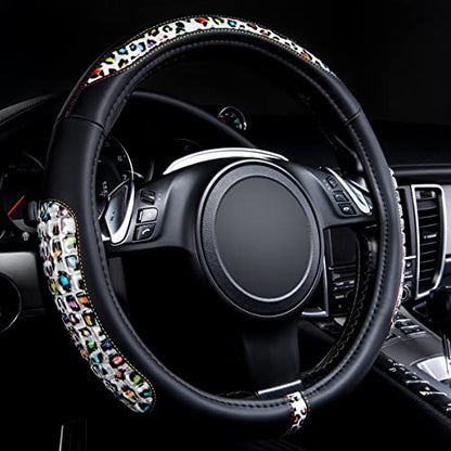 Flying Banner car Steering Wheel Cover Gel Massage Velvet Cool Warm Universal Size 15 inches SUV Truck Anti Slip Odorless Summer Winter (Black Leopard, Gel Massage) - color: Black Leopard