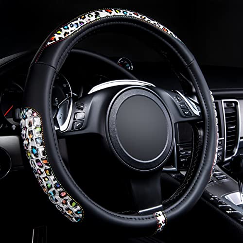 Flying Banner car Steering Wheel Cover Gel Massage Velvet Cool Warm Universal Size 15 inches SUV Truck Anti Slip Odorless Summer Winter (Black Leopard, Gel Massage) - color: Black Leopard