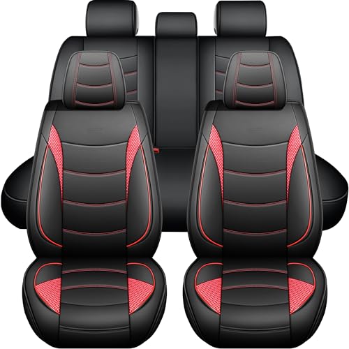 Car Seat Covers Full Set (5 Seats) Premium Nappa Leather Airbag Compatible & Pet Friendly for Sedans SUVs Trucks Heavy Duty Interior Protector for Off Road and Daily Commute Black Red