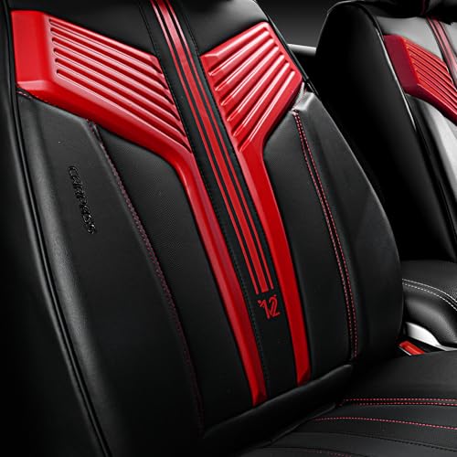 CAR PASS Nappa Leather Seat Covers, Breathable Waterproof Car Seat Covers Full Set, Luxury Leather Front and Back Seats Full Coverage, Universal Fit SUV Pick-up Truck Sedan Automotive(Black Red) - color: Black Red, size: Full Set Full Coverage