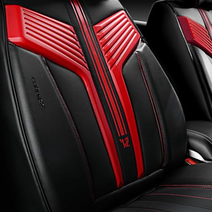 CAR PASS Nappa Leather Seat Covers, Breathable Waterproof Car Seat Covers Full Set, Luxury Leather Front and Back Seats Full Coverage, Universal Fit SUV Pick-up Truck Sedan Automotive(Black Red) - color: Black Red, size: Full Set Full Coverage