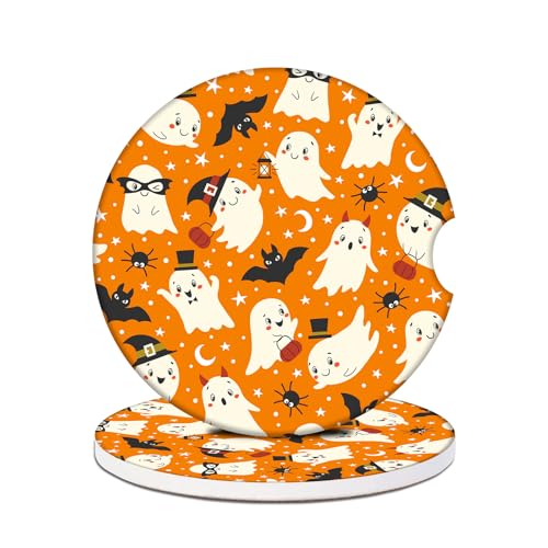 2 Pack Car Cup Holder Coasters - Halloween Ghost Bat Absorbent Ceramic Coaster, Car Coasters for Cup Holders, Car Interior Accessories for Women Men - color: Halloween Ghost
