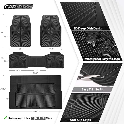 CAR PASS Rubber Floor Mats&Cargo Liner,Waterproof Trucks Mats Heavy Duty,All Weather Trim-to-Fit Automotive Mats for Cars Trucks SUV,Anti-Slip Easy Clean Durable,Full Set 5-Piece,3D Emboss All Black - color: Black Cargo Liner