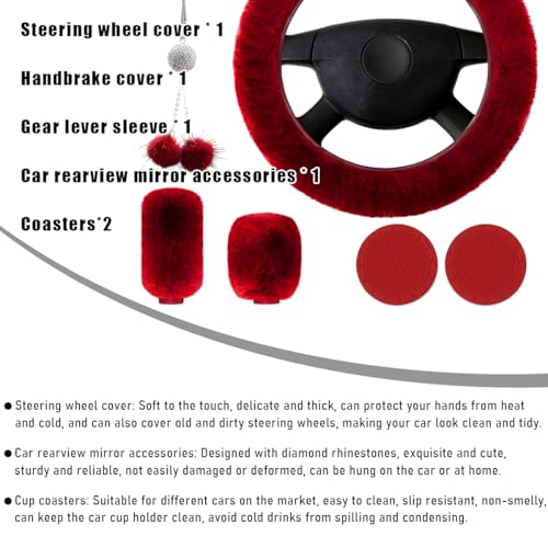 Yourkar 6 PCS Fluffy Steering Wheel Covers Set, 15 Inch Soft Steering Wheel Cover, Handbrake Cover & Gear Shift Cover & Cup Holder Coaster & Car Mirror Accessory, Car Accessories (Wine Red) - color: Wine Red