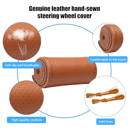 Genuine Leather Car Steering Wheel Cover, DIY Sewing Stitch on Wrap Auto Wheel Cover with Needle Thread, Breathable Anti-Slip Vehicle Steering Stitching Protector, Universal Fit (Brown) - color: Brown