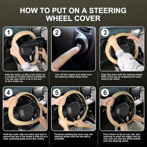 SEG Direct Steering Wheel Cover 14.5-15 inch (37-39 cm) Medium Size, Microfiber Leather, Non-Slip Comfortable Grip, Fits Cars Trucks SUVs, Beige - color: Beige, size: Standard size[14 1/2''-15'']