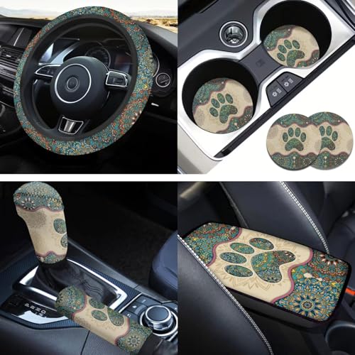 Dog Claw Car Steering Wheel Covers Set Bohemian Print Car Interior Accessories Cup Holder,Handbrake Gear Cover for Vans Truck SUV - color: Dog Claw