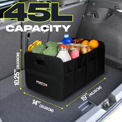 FORTEM Car Trunk Organizer, Collapsible Two Compartment Organizer, Foldable SUV & Truck Storage for Car Accessories for Women Men, Non Slip Bottom, Sturdy Side Walls, Strong Handles, 45L