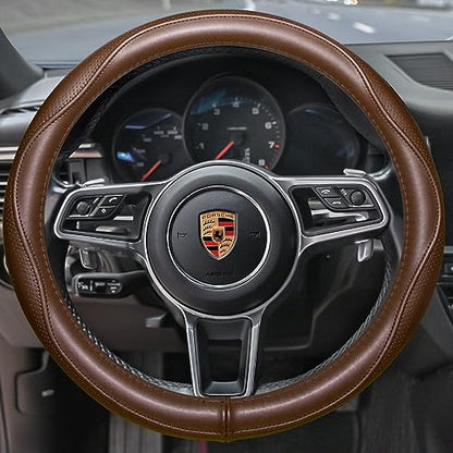 HAOKAY Top Grade Brown Genuine Leather Steering Wheel Cover Men Women, Luxury Steering Wheel Cover for Cars, SUVS and Trucks, Universal 14.5-15 inch - color: BROWN