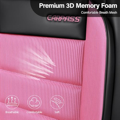 CAR PASS Memory Foam Seat Covers Full Sets, Airy Cool Mesh Thick Car Seat Covers Women, Leather Car Seat Covers 5 Seats Airbag Compatible, Universal Automotive Comfort for Cars, Trucks, SUV, Pink - color: pink