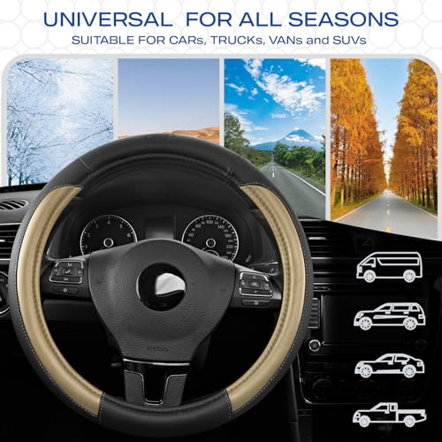 Skechers Steering Wheel Cover Memory Foam,Luxury Leather Steering Wheel Covers,Universal Anti-Slip Fit 14" 1/2-15" Car Wheel Cover for Stylish Car Decor Gifts Fit Suvs,Vans,Sedans,Car,Trucks,Beige