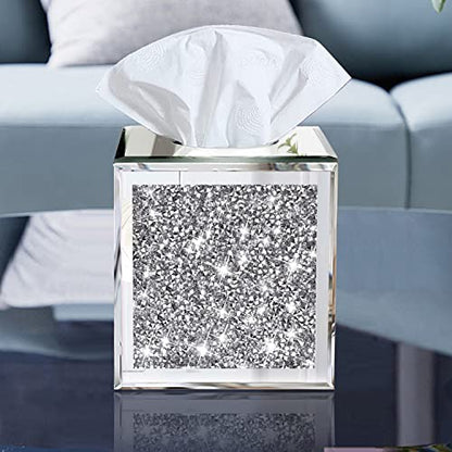Wocred Square Mirrored Tissue Box Cover,Crystal Crushed Diamond Tissue Box,Silver Luxury Tissue Holders for Either Tissues in a Bathroom or Napkins on a Table.(5.5”x5.5”x5.5”) - color: Silver Diamond