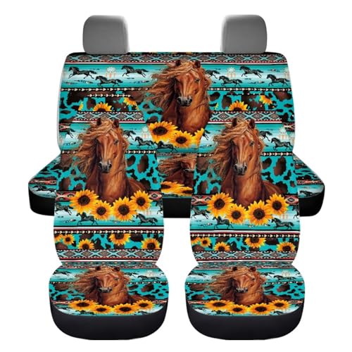 Aztec Western Horse Car Seat Covers Set for Front and Rear 4 Pieces Horse Sunflowers Car Accessories for Women Men Split Bench Cover Back Seat Protector Full Set Automotive Cushion Pads - color: Aztec Western Horse