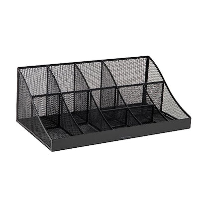 Mind Reader Countertop Organizer, 2 Tier Mesh Storage Caddy with 11 Compartments for Office Supplies, Breakroom Essentials, and Snacks - color: Black Metal