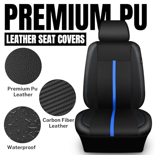 Leather Car Seat Covers Black Blue, Sporty Carbon Fiber Leather Full Set Waterproof Auto Seat Covers, Airbag Compatible, Universal Fit for SUV,Sedans,Vans,Pickup, Full Set, Black Blue
