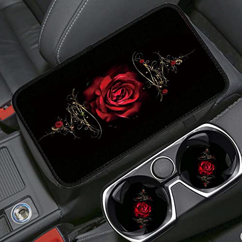 Auto Center Console Cover Pad+ 2 Coasters, Stylish Pattern Soft Car Armrest Cover Auto Center Console Pad, Car Decorative Accessory Universal Fit for Most Car/SUV/Truck, Red Rose