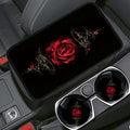 Auto Center Console Cover Pad+ 2 Coasters, Stylish Pattern Soft Car Armrest Cover Auto Center Console Pad, Car Decorative Accessory Universal Fit for Most Car/SUV/Truck, Red Rose