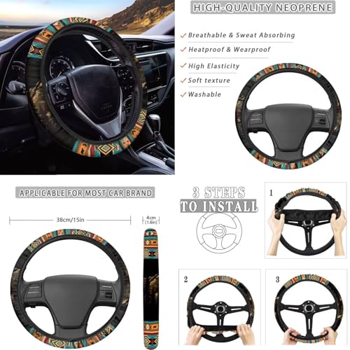 Dreaweet Mountain Bear Aztec Car Seat Covers Full Set 12 Pcs Southwestern Car Accessories Seat Covers with Steering Wheel Cover/Arm Rest Pads/Seat Belt Pads/Coasters/Gear Shift Cover/Handbrake Cover - color: Mountain Bear Aztec