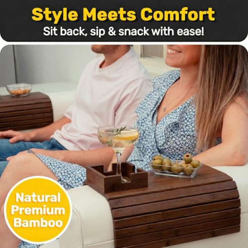 Bamboo Couch Holder - Non-Slip Furniture Protector, Sofa Armrest Table for Mugs & Tumblers – Weighted 16” Large Brown Bamboo Holder for Recliners and Loveseats - color: Brown