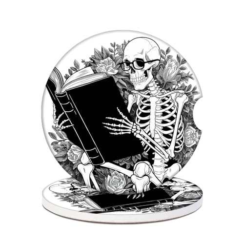 Black Skull Flower Car Coasters for Cup Holders, 2 Pack Absorbent Ceramic Halloween Car Cup Coasters Interior Accessories 2.56 Inch for Women Men - color: Black Skull Flower