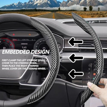 2pcs Universal Fit Carbon Fiber Steering Wheel Cover, Anti-Skid Steering Wheel Cover/Segmented Steering Wheel Protector/Car Interior Accessories (Bright Black) - color: Bright Black