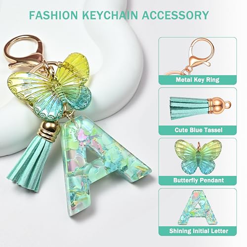 JINGUAZI Initial letter Keychains for Women Tassel Butterfly Pink Purple Cute Car Keychain for Wallet Backpack bag charm - color: A-green