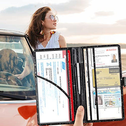 Car Registration and Insurance Holder, Vehicle Glove Box Organizer Cool Car Accessories, Auto Truck Document Holder for Cards, Driver License, Black Glitter