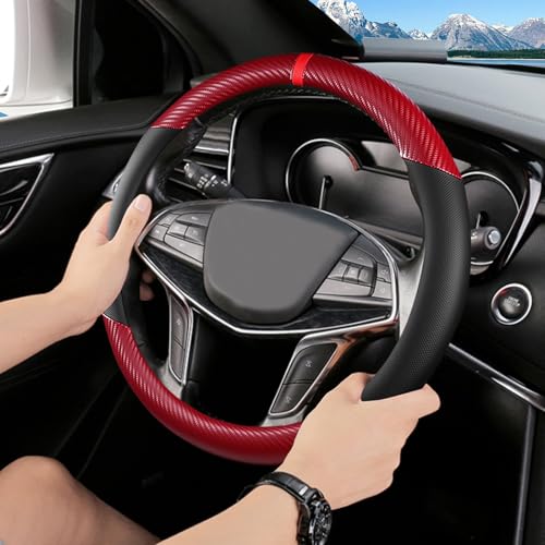 Black & Red Carbon Fiber Leather Steering Wheel Cover, Microfiber Leather, Anti-Slip, Breathable, Universal Fit for 14.5–15 in Steering Wheel Cover for Men Women - color: Splicing Carbon Fiber - Black and Red