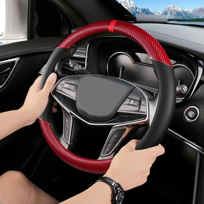 Black & Red Carbon Fiber Leather Steering Wheel Cover, Microfiber Leather, Anti-Slip, Breathable, Universal Fit for 14.5–15 in Steering Wheel Cover for Men Women - color: Splicing Carbon Fiber - Black and Red