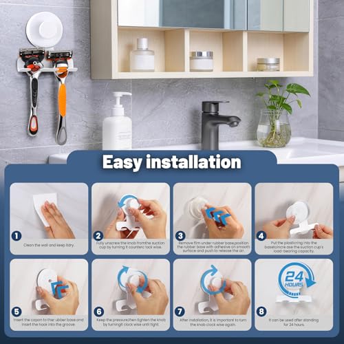 No-Drill Suction Cup Razor and Shaver Holder, Stainless Steel Shower Hook for Towel & Loofah, Damage-Free Reusable Bathroom Wall Organizer(2 Pack White) - color: White