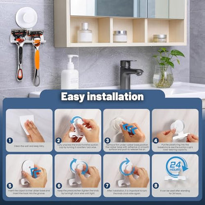 No-Drill Suction Cup Razor and Shaver Holder, Stainless Steel Shower Hook for Towel & Loofah, Damage-Free Reusable Bathroom Wall Organizer(2 Pack White) - color: White