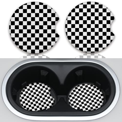 Cute Car Coasters for Cup Holders, 2 Pack Absorbent Universal Neoprene Car Coasters with Finger Slot, Auto Accessories for Women & Men,2.56"(Black/White) - color: Black/White Checkered
