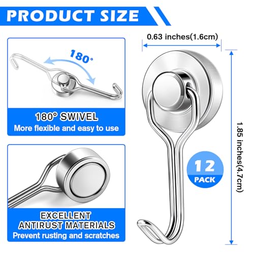 Measuring Cup and Spoon Organizer, 12 Pack 30lbs Strong Magnetic Hooks Hanging Cups and Spoons, Magnetic Kitchen Hooks Utensil Hanger Holder for Refrigerator, Cruise Cabins, Garage Silver