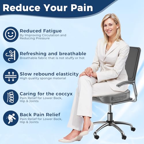 Gel Memory Foam Layer Wheelchair Cushion - Wheelchair Office Chair, Kitchen Chair, Car Seat - Pressure Pain and Tailbone Pain Relief - High Density Foam Base (Grey)