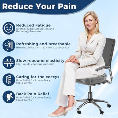 Gel Memory Foam Layer Wheelchair Cushion - Wheelchair Office Chair, Kitchen Chair, Car Seat - Pressure Pain and Tailbone Pain Relief - High Density Foam Base (Grey)