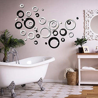 Outus 72 Pieces Wall Stickers Decor Acrylic Circle Mirror Removable Black and Sliver Wall Decor Round Dots DIY Red Living Room Decals Modern Art Murals for Home Bathroom Bedroom Decoration