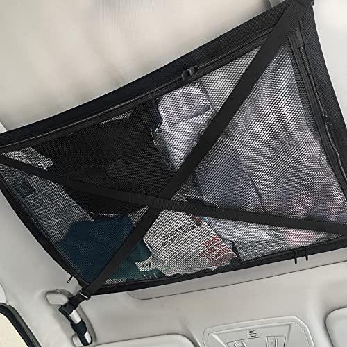 Upgraded Car Ceiling Cargo Net Pocket, NO SAGGING Roof Cargo Net Organizer, Strong Bearing Adjustable Capacity, Road Trip Accessories for Truck SUV, Car Camping Essentials