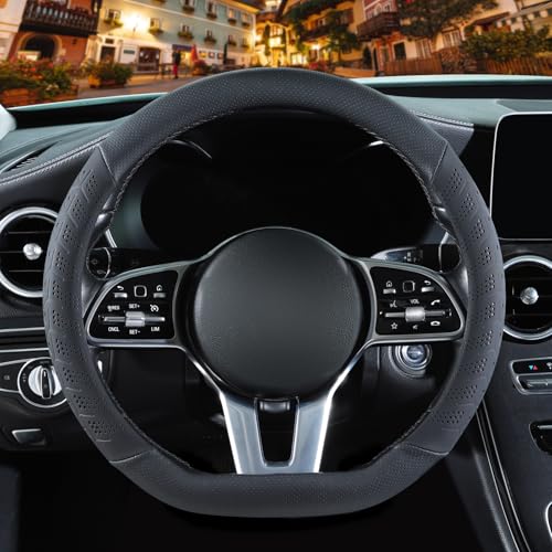 3D Premium Skin-Feel Leather Small D Shaped Steering Wheel Cover, Anti-Slip Breathable Soft Slim Design, 13.5 inch to 14 inch, Black - color: Solid Black, size: D Type-Small[13.5''-14'']