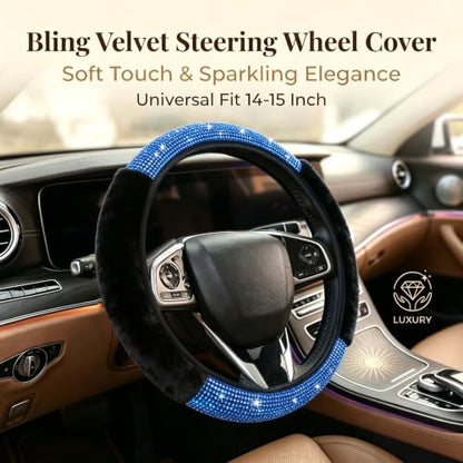 Bling Steering Wheel Cover for Women Girls, Blue Rhinestone Diamond Sparkling Fur Fluffy Steering Wheel Accessories Elastic Steering Wheel Covers Winter Warm Universal Fit 14-15 inches - color: Dark Blue