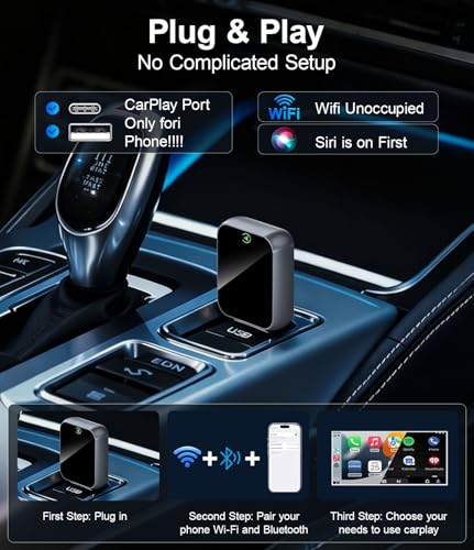 Wireless CarPlay Adapter for iPhone - No Audio Lag, Auto-Connect - Convert Factory Wired to Wireless CarPlay - Bluetooth 5.3 & 5GHz Wi-Fi - Plug & Play (Includes USB A/C)