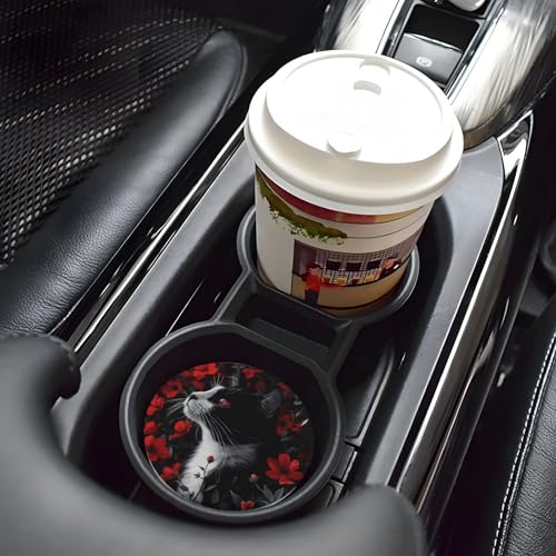 Absorbent Ceramic Car Coasters for Cup Holders, Black Cat Red Flower Design 2.56" Anti Slip Universal Drink Cup Coasters for Women Men (2 Pack) - color: Black Cat Red Flower