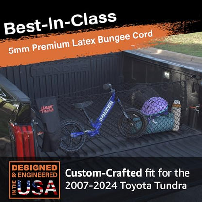 TacoNets Envelope Cargo Net for Toyota Tundra - Fits 2007-Current - Patented Bed Rail Integration - Upgraded 5mm Bungee - Integrated Storage Bag - Heavy Duty Carabiners - Designed in USA - style: Toyota Tundra 2007+