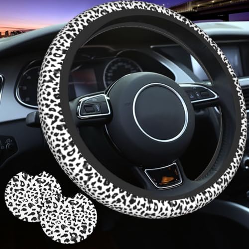 Grey Cheetah Steering Wheel Sleeve - Snow Leopard Print Wheel Sleeve Quality Friendly Neoprene Slip-Resistant Includes 2 Car Cup Coasters Decor for 15-Inch Men Women Universal Car Wheel Protector - color: Grey Leopard