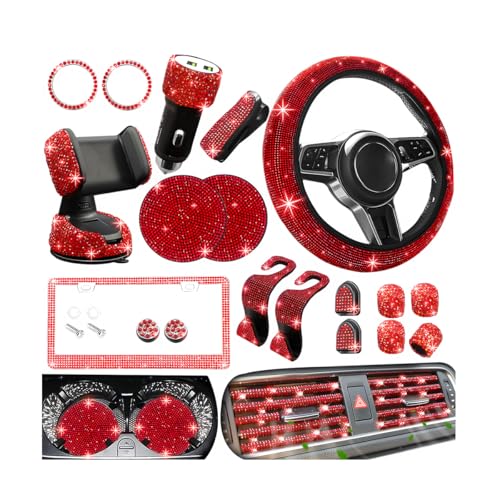 27PCS Bling Car Accessories Set for Women, 14.5-15" Crystal Rhinstone Steering Wheel Cover, License Plate Frame, USB Charger Phone Holder, Girly Auto Interior Decor Set, Universal Fit (Red) - color: Red