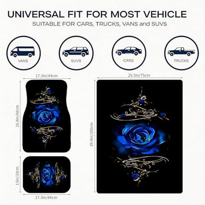 Universal Fit Car Floor Mats & Trunk Mat Set of 5Pcs, Blue Rose Print All-Weather Front Rear Floor Mats with Cargo Liner, Non-Slip Car Mats Cargo Mat Automotive Accessories for Cars Trucks SUVs