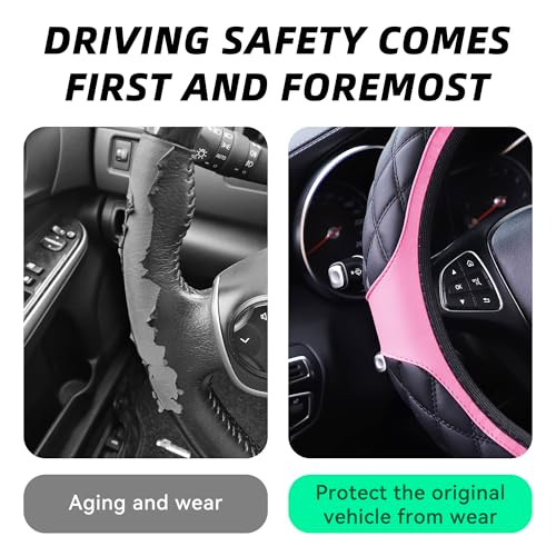 15 Inch Car Leather Steering Wheel Cover, Automotive Accessories Elastic Breathable Anti-Slip Soft Wheel Protector Fits Men and Women, Suitable for SUVs, Trucks, Vehicles and RVs (Pink) - color: Pink