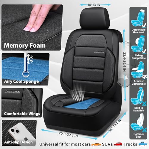 CAR PASS Memory Foam Seat Covers Front, Airy Cool Mesh Thick Car Seat Covers, Leather Car Seat Covers Front Seats Airbag Compatible, Universal Automotive Comfort for Cars, Trucks, SUV, Charcoal Gray - color: Charcoal Gray