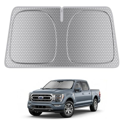 helloleiboo Windshield Sun Shade for Ford F-150 & Toyota Tundra 2021-2026 Graphene Honeycomb Heat Shield with UV Protection Foldable Custom Fit Front Window Sunshade Silver 69" x 35" - size: For Ford F-150 & Toyota Tundra (2021-2026)