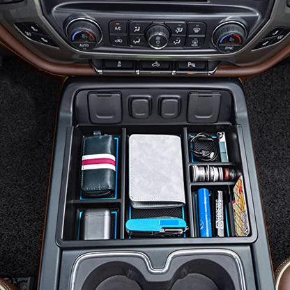 Center Console Organizer Tray Compatible with Chevy Silverado/GMC Sierra 1500/2500/3500HD 2014-2018,15-19 Silverado/Sierra 2500HD/3500HD Accessories Compartment,Full Console w/Bucket Seats ONLY,Blue - color: Blue Trim