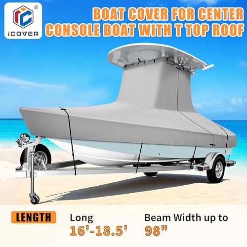 iCOVER T-Top Boat Cover, 600D Heavy Duty Marine Grade Waterproof Tear Resistant Boat Cover for Center Console Boat with T TOP Roof, Fits 16'-18.5' Long Beam Width up to 98", Grey - color: T-TOP, size: C: 16-18.5' Long, Beam Width up to 98" W
